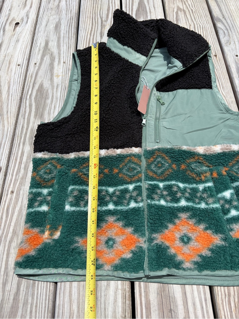 Love Tree Women's Soft Sherpa Bohemian Southwest Vest Medium Green Black Aztec - Picture 7 of 10